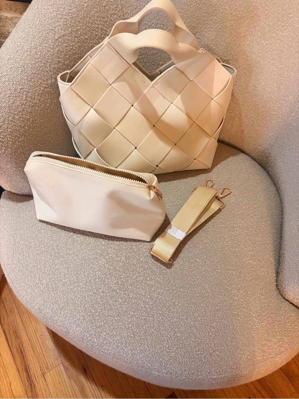 Sol and Solene Woven Top-Handle Tote with Pouch and Strap - Cream